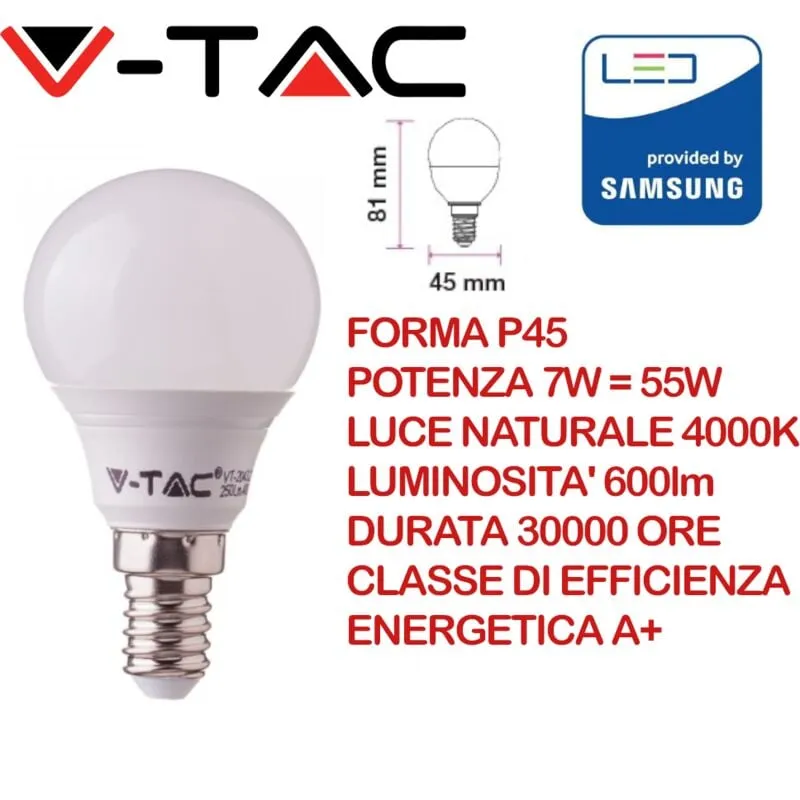 V-tac - pro VT-270 Lampadina led Chip Samsung E14 7W P45 Bianco naturale - 4000K