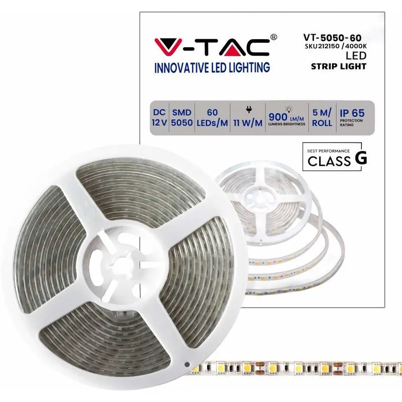 VT-5050 Striscia 300 led smd 5050 strip 5Mt 11W/mt IP65 60led/mt 12v Bianco Naturale 4000K - 212150 - V-tac