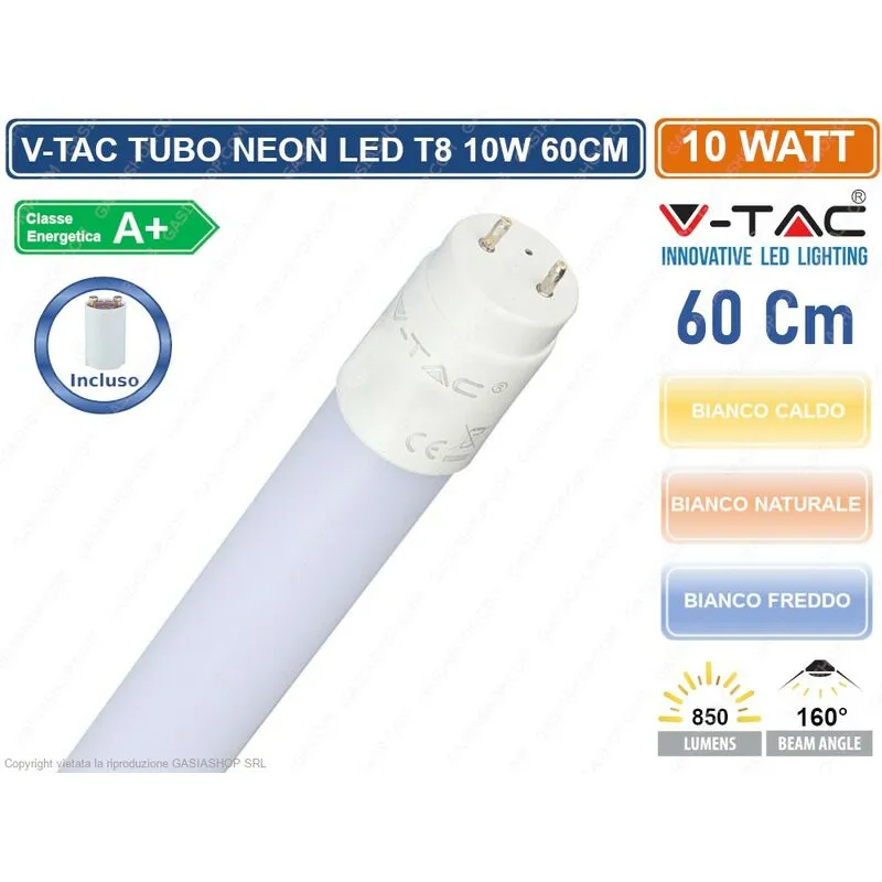 VT-6072 smd tubo led nano plastic T8 G13 10W lampadina 60CM - sku 6392 / 216393 / 216394 - Colore Luce: Bianco Caldo - V-tac