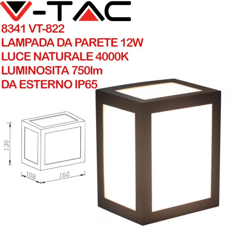 V-tac - VT-822 8341 Lampada led da Muro a Lanterna 12W Colore Nero 4000K IP65