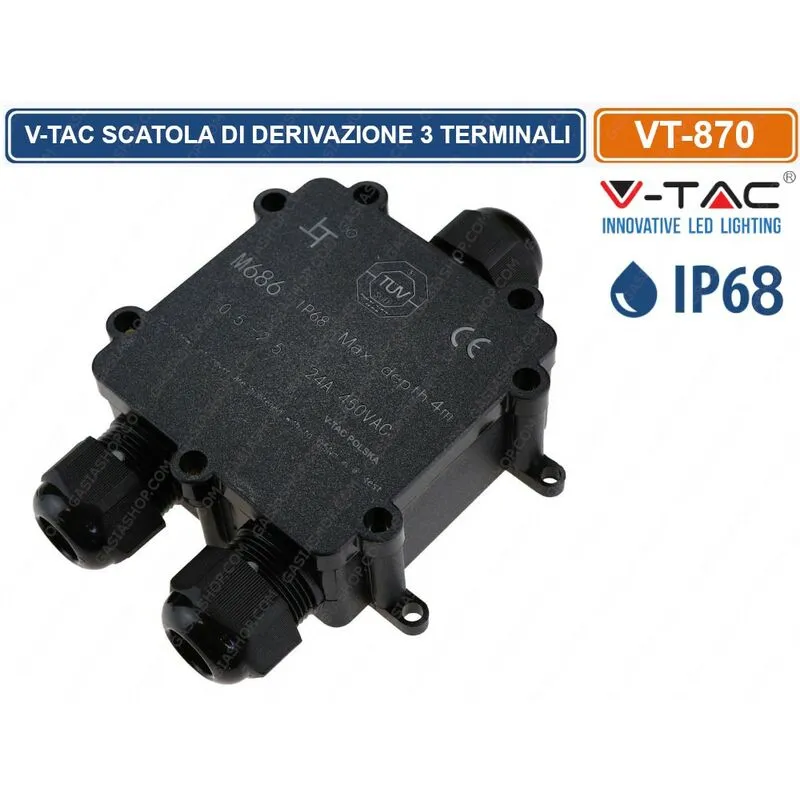 V-tac - VT-870 scatola di derivazione impermeabile con 3 terminali IP68 - sku 5980