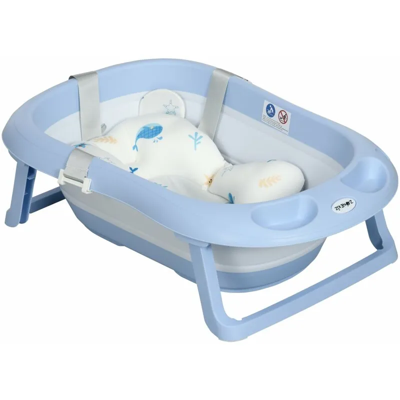 Vaschetta Bagnetto Pieghevole per Bambini 0-6 Anni 83x48x23,5 cm con Cuscino e 2 Ripiani Blu e Bianco