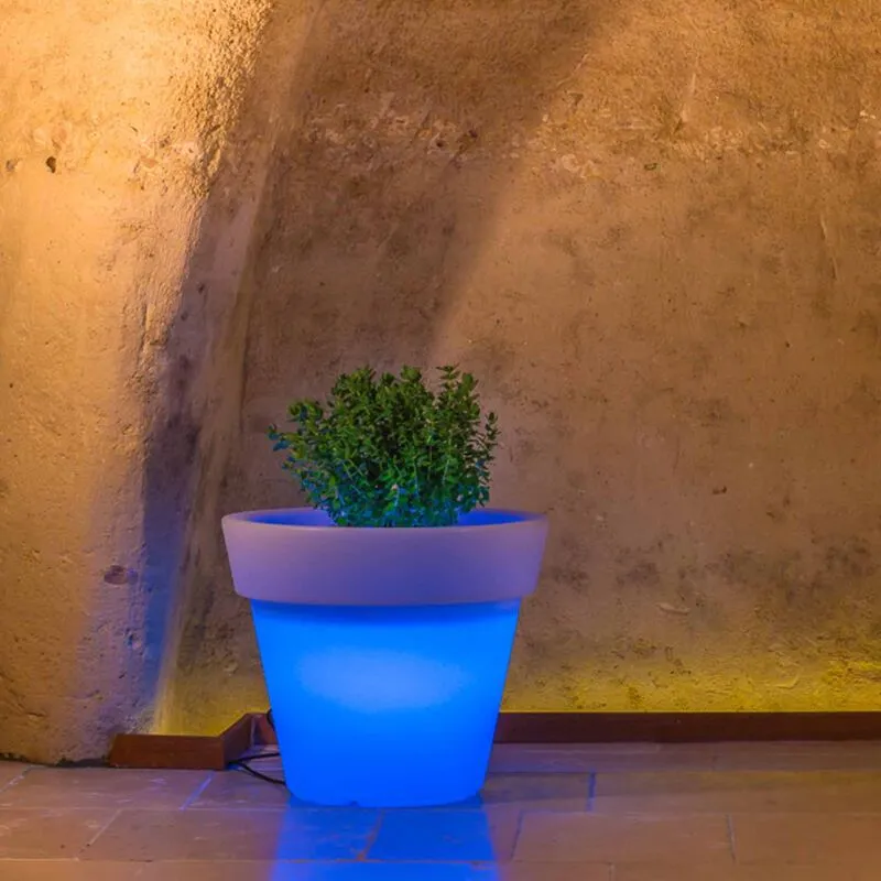 Vaso con Led in resina h 45 mod. Begonia Tondo lampada azzurra