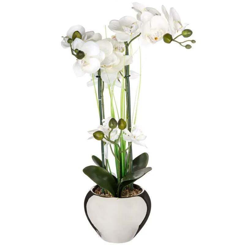 Atmosphera - Vaso in ceramica argentata per orchidee artificiali h53cm - orchidea, arenaria, poliestere, acciaio e pvc, dimensioni 50x28x53 cm