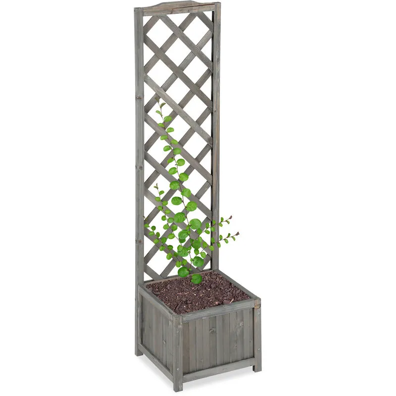 Vaso Piante con Graticolato, 25L, Griglia 147 cm, Impermeabile, Legno, Fioriera per Balcone e Giardino, Grigio - Relaxdays