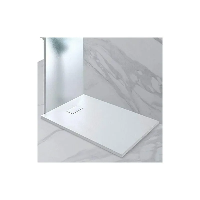 Piatto Doccia Spessore 2.6 Cm Resina smc Effetto Pietra Stone Ardesia Antiscivolo Riducibile Filopavimento Con Griglia Di Copertura Bianco 70x90 Cm