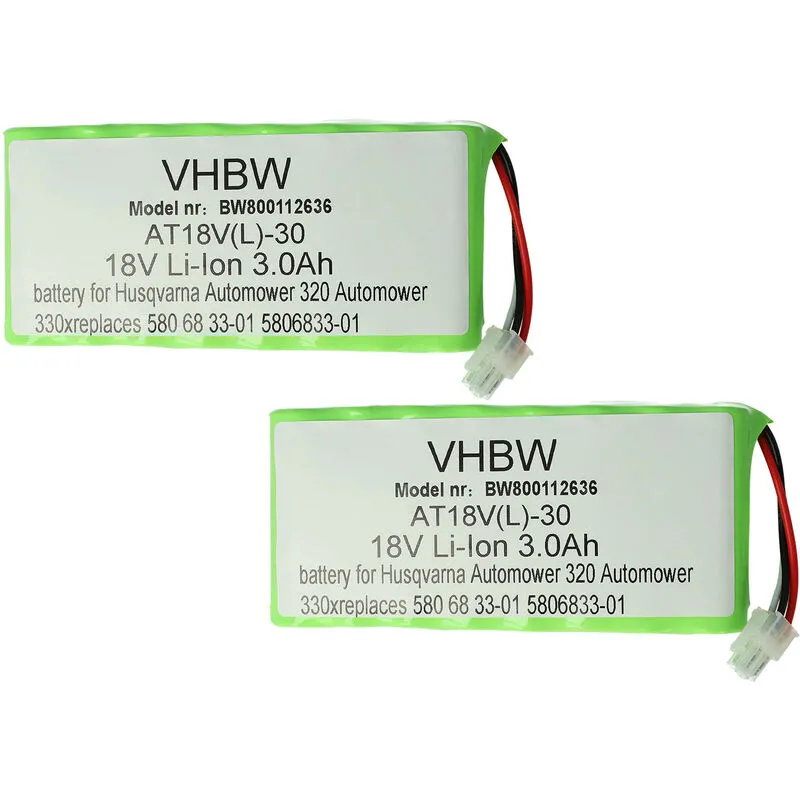 vhbw 2x Li-Ion batteria 3000mAh (18V) compatibile con tagliaerba robot sostituisce Husqvarna 580 68 33-01, 580 68 33-02, 580 68 33-03, 588 14 64-01,