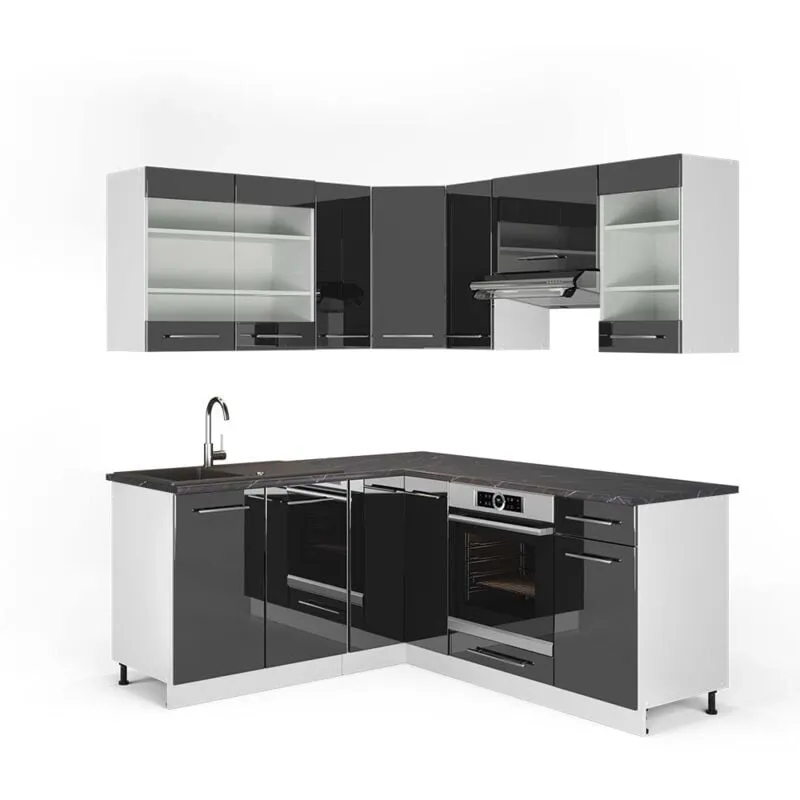  - Cucina angolare completa Fame-Line, Antracite lucido/bianco, 160 x 190 cm , pl Antracite