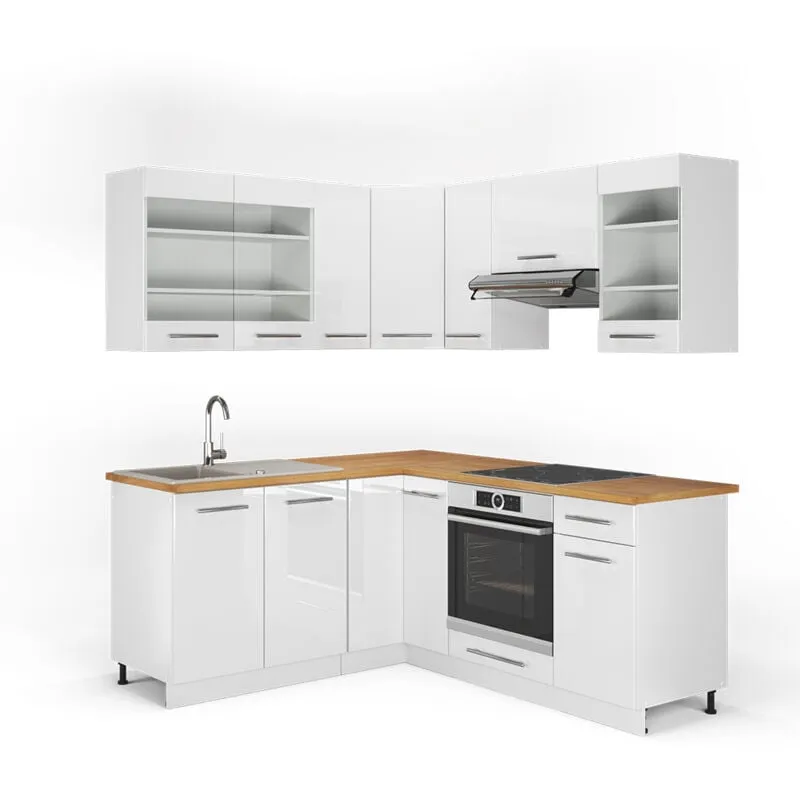 Cucina angolare completa Fame-Line, Bianco lucido/bianco, 160 x 190 cm , PL Rovere, 