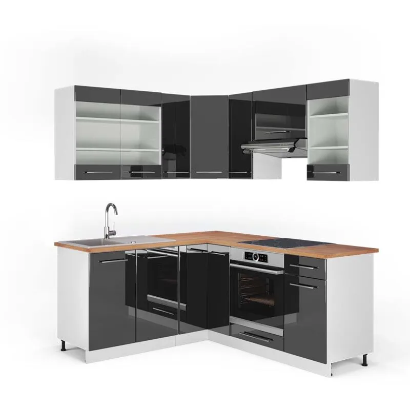  - Cucina angolare completa Fame-Line, Antracite lucido/bianco, 160 x 190 cm , pl Rovere