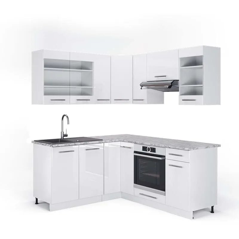  - Cucina angolare completa Fame-Line, Bianco lucido/bianco, 160 x 190 cm , pl Marmo