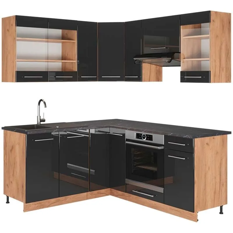  - Cucina angolare completa Fame-Line, Antracite lucido/oro power oak, 160 x 190 cm , pl Antracite