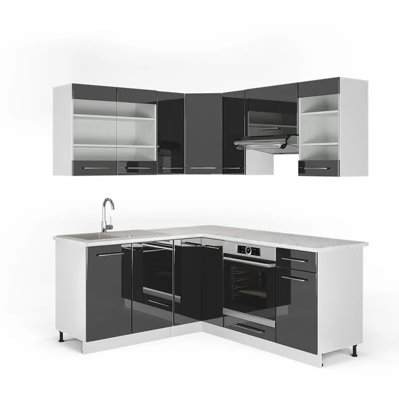  - Cucina angolare completa Fame-Line, Antracite lucido, 160 x 60 cm senza piano di lavoro