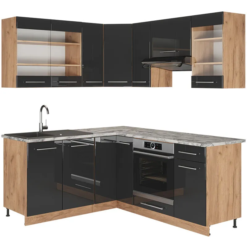  - Cucina angolare completa Fame-Line, Antracite lucido/oro power oak, 160 x 60 cm senza piano di lavoro