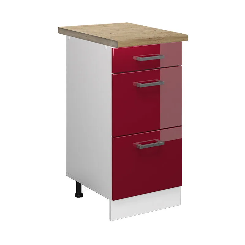  - Mobiletto base per cucina R-Line, Rosso bordeaux lucido, 40 cm con cassetti, pl Rovere