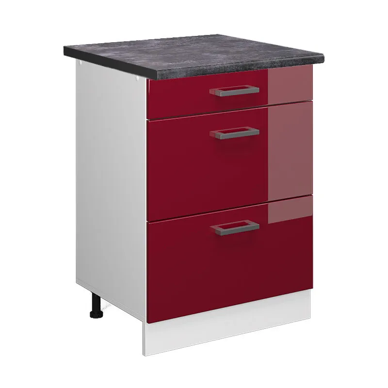  - Mobiletto base per cucina R-Line, Rosso bordeaux lucido, 60 cm con cassetti, pl Antracite