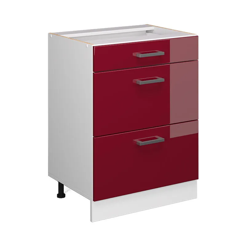  - Mobiletto base per cucina R-Line, Rosso bordeaux lucido, 60 cm con cassetti, senza piano di lavoro