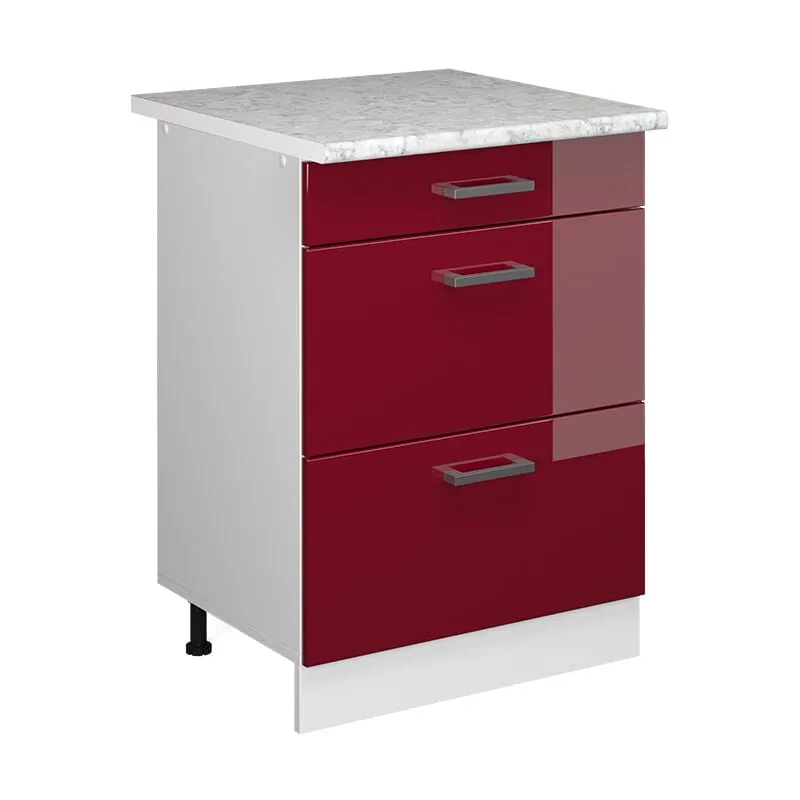  - Mobiletto base per cucina R-Line, Rosso bordeaux lucido, 60 cm con cassetti pl Marmo