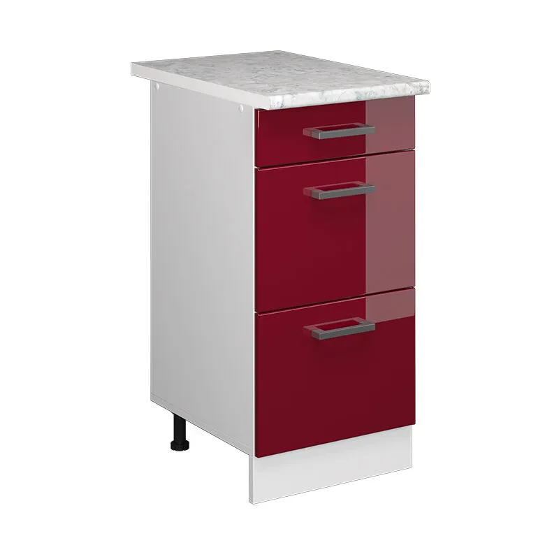  - Mobiletto base per cucina R-Line, Rosso bordeaux lucido, 40 cm con cassetti pl Marmo