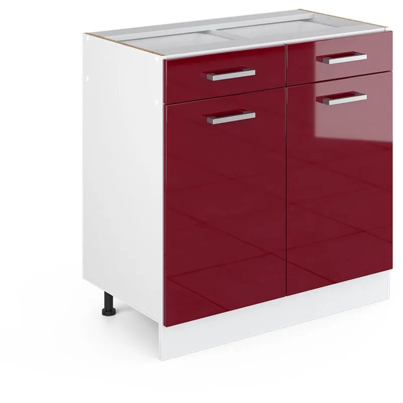  - Mobiletto base per cucina R-Line, Rosso bordeaux lucido, 80 cm senza piano di lavoro