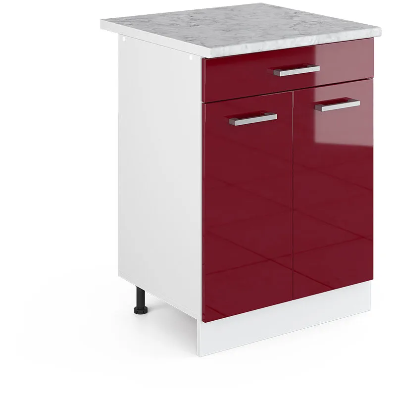  - Mobiletto base per cucina R-Line, Rosso bordeaux lucido, 60 cm con cassetto pl Marmo