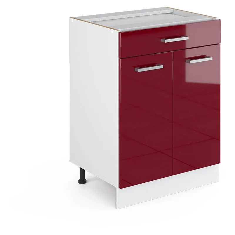  - Mobiletto base per cucina R-Line, Rosso bordeaux lucido, 60 cm con cassetto, senza piano di lavoro