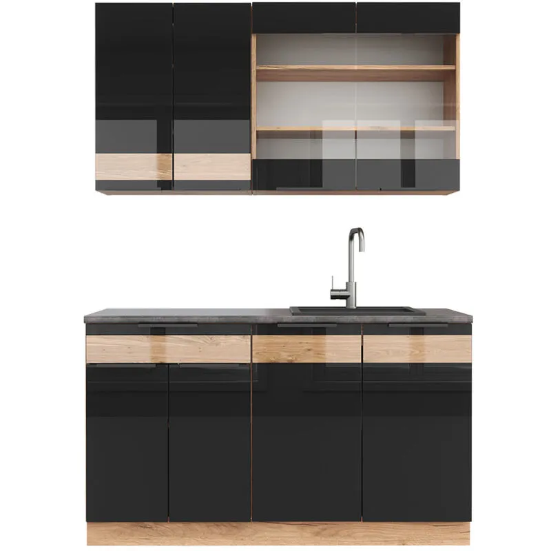  - Cucina completa Fame-Line, Rovere nero lucido/oro power oak, 140 cm , pl Antracite