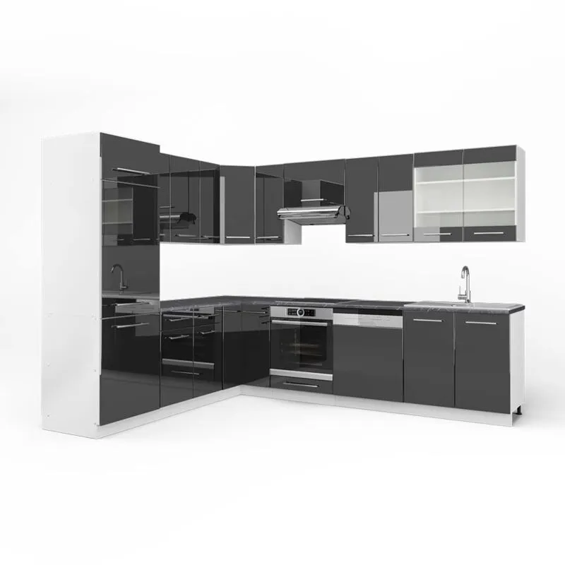  - Cucina angolare completa Fame-Line, Antracite lucido/bianco, 227 x 287 cm , pl Antracite