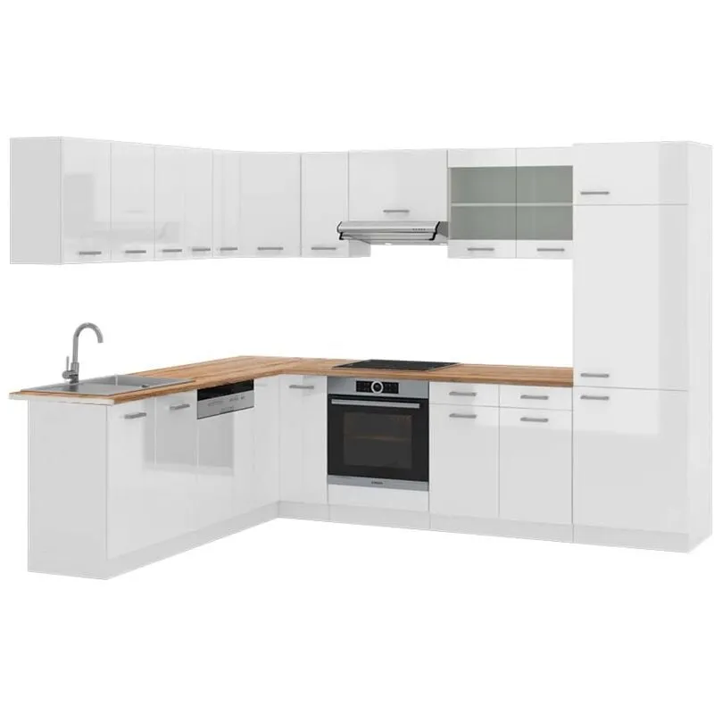  - Cucina angolare completa R-Line, Bianco lucido/bianco, 227 x 287 cm , pl Rovere