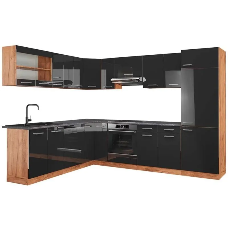  - Cucina angolare completa R-Line, Antracite lucido/oro power oak, 227 x 287 cm , pl Antracite