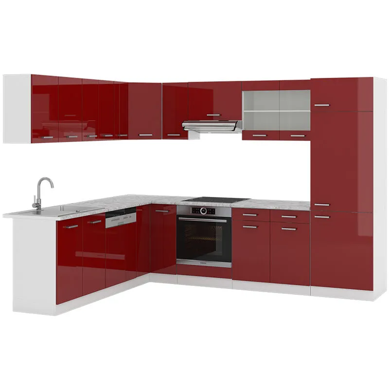  - Cucina angolare completa R-Line, Bordeaux lucido/bianco, 227 x 287 cm , pl Marmo