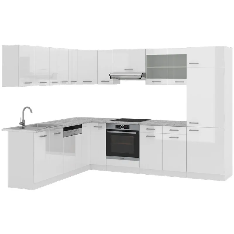  - Cucina angolare completa R-Line, Bianco, 227 x 287 cm , pl Marmo