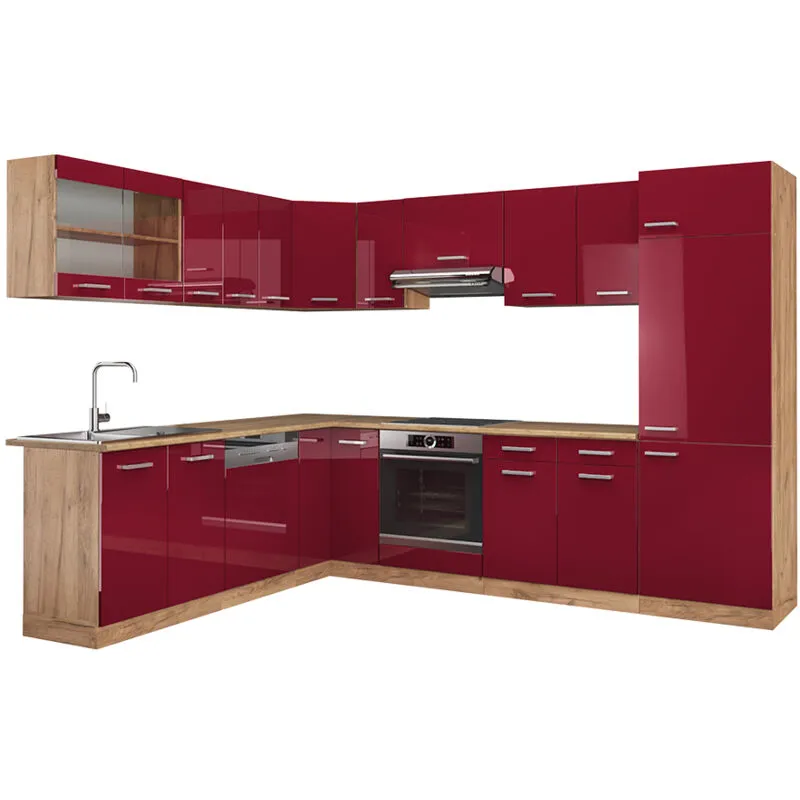 Cucina angolare completa R-Line, Bordeaux lucido/rovere dorato, 227 x 287 cm senza piano di lavoro, 