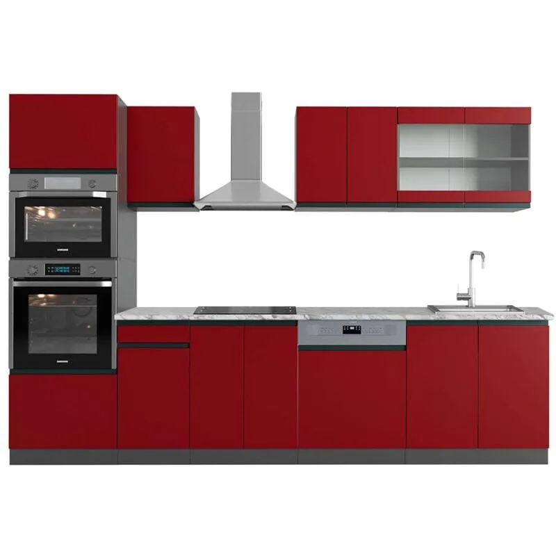 Cucina componibile R-Line, Rosso/antracite, 300 cm con armadio alto, PL Marmo, 