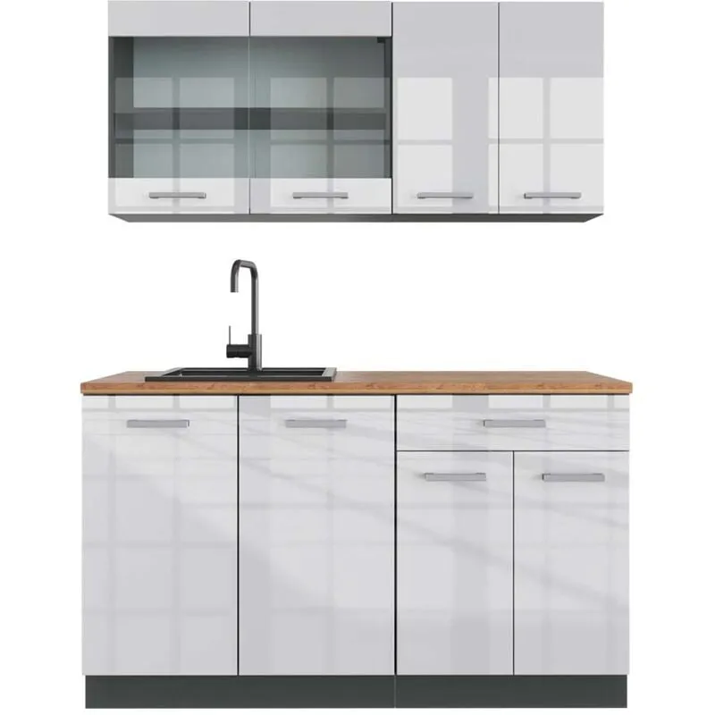  - Cucina monoblocco R-Line, Bianco lucido/antracite, 140 cm , pl Rovere