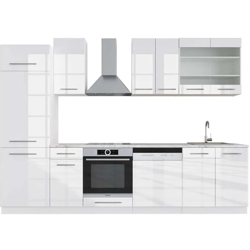  - Cucina componibile Fame-Line, Bianco lucido/bianco, 300 cm , pl Marmo