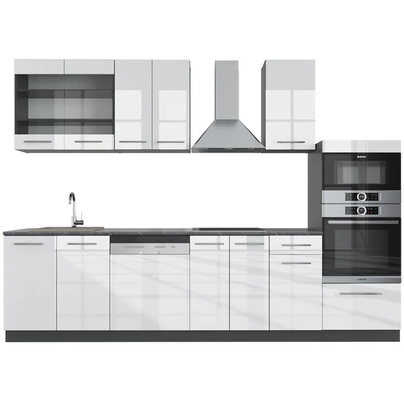  - Cucina componibile Fame-Line, Bianco lucido/antracite, 300 cm con armadio alto, pl Antracite