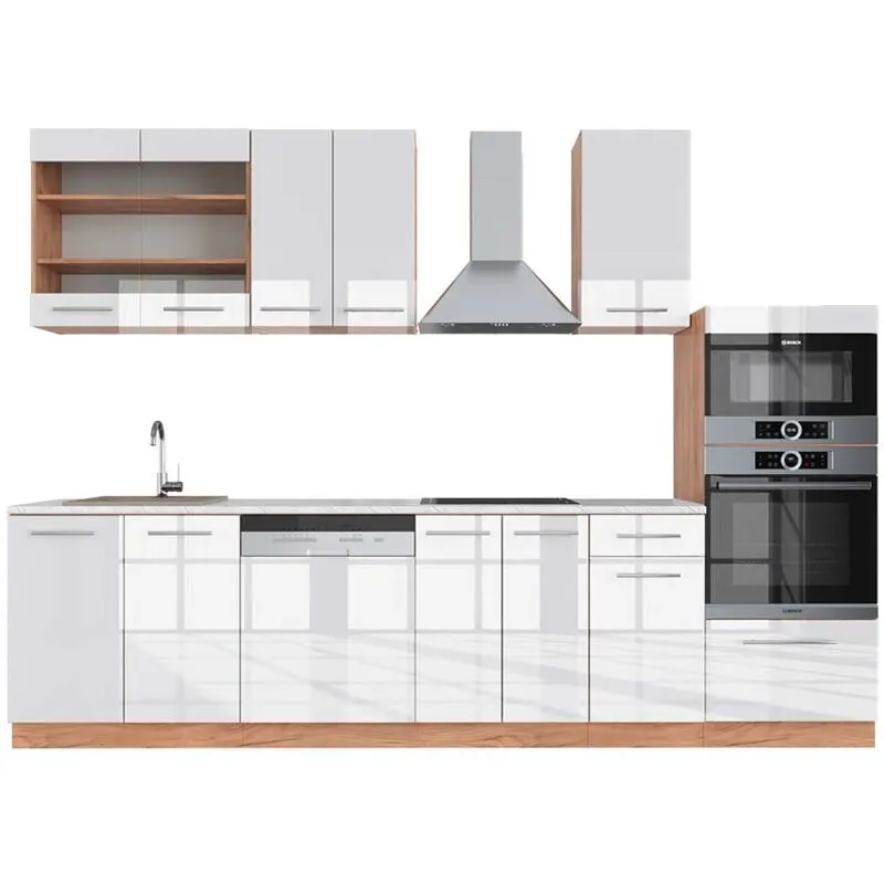  - Cucina componibile Fame-Line, Bianco lucido/oro power oak, 300 cm con armadio alto, pl Marmo