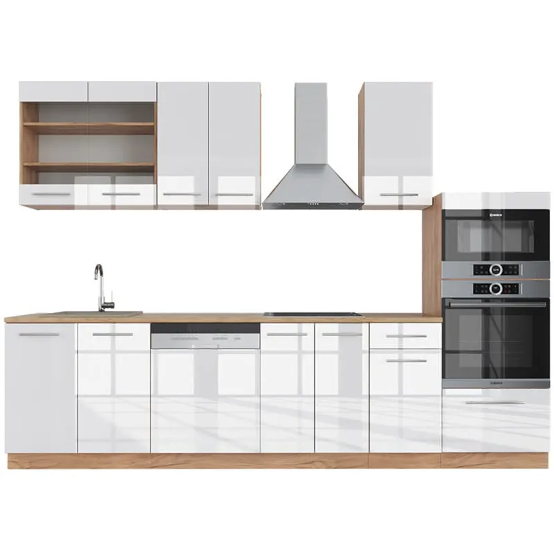  - Cucina componibile Fame-Line, Bianco lucido/oro power oak, 300 cm con armadio alto, pl Rovere