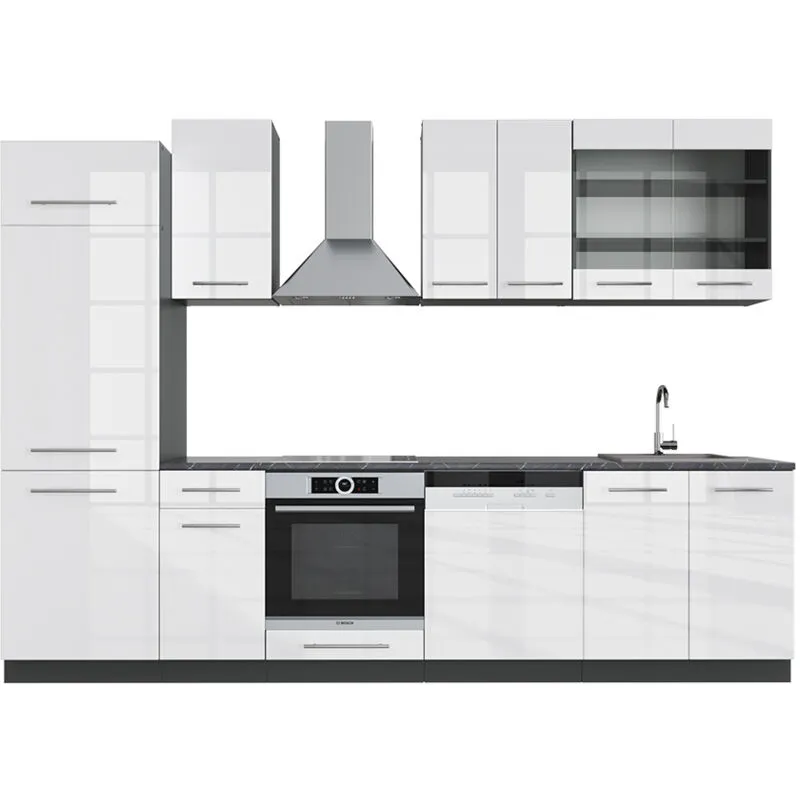  - Cucina componibile Fame-Line, Bianco lucido/antracite, 300 cm , pl Antracite