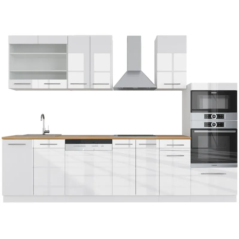  - Cucina componibile Fame-Line, Bianco lucido/bianco, 300 cm con armadio alto, pl Rovere