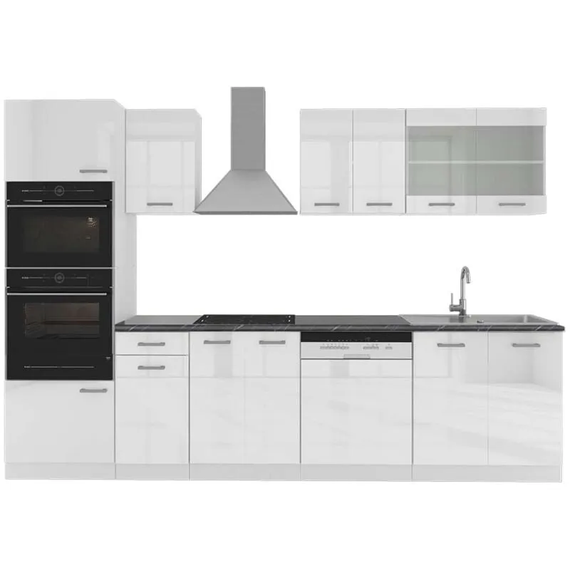  - Cucina componibile R-Line, Bianco lucido/bianco, 300 cm con armadio alto, pl Antracite