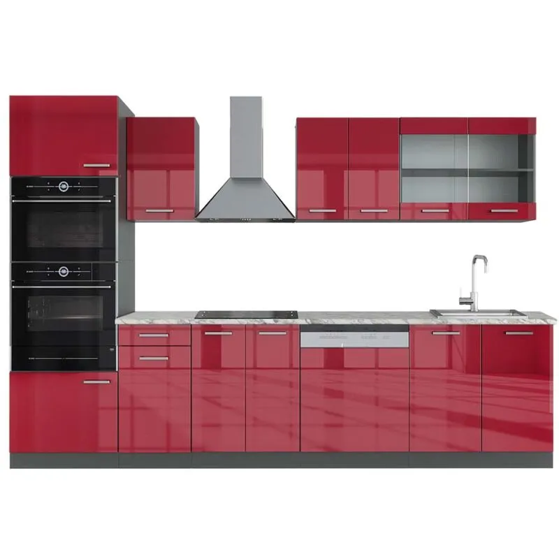  - Cucina componibile R-Line, Bordeaux lucido/antracite, 300 cm con armadio alto, pl Marmo