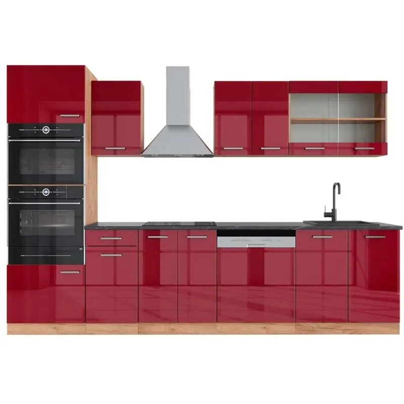 Cucina componibile R-Line, Bordeaux lucido/rovere dorato, 300 cm con armadio alto, PL Antracite, 