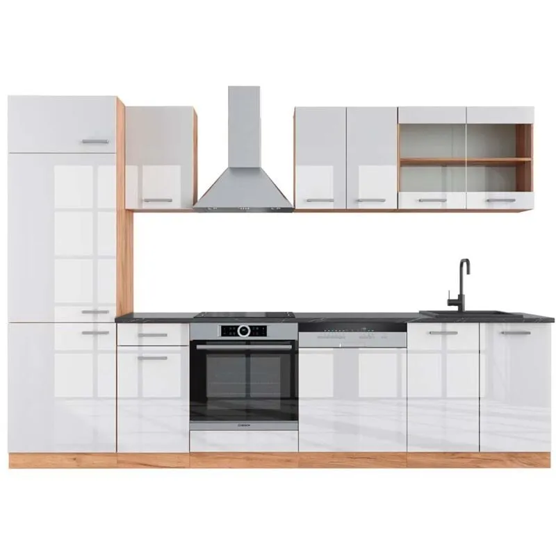  - Cucina componibile R-Line, Bianco lucido/oro power oak, 300 cm , pl Antracite