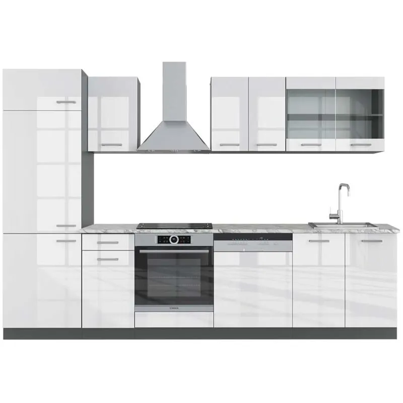  - Cucina componibile R-Line, Bianco lucido/antracite, 300 cm , pl Marmo