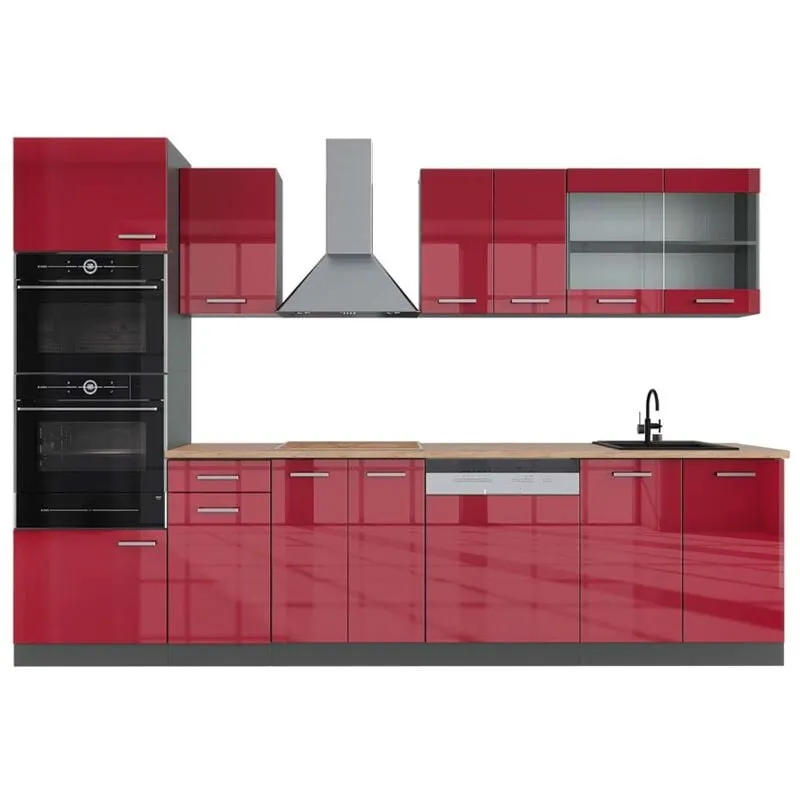  - Cucina componibile R-Line, Bordeaux lucido/antracite, 300 cm con armadio alto, pl Rovere