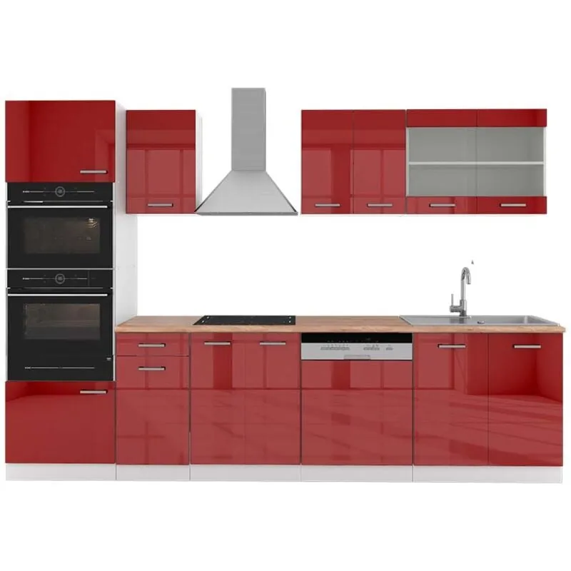  - Cucina componibile R-Line, Bordeaux lucido/bianco, 300 cm con armadio alto, pl Rovere