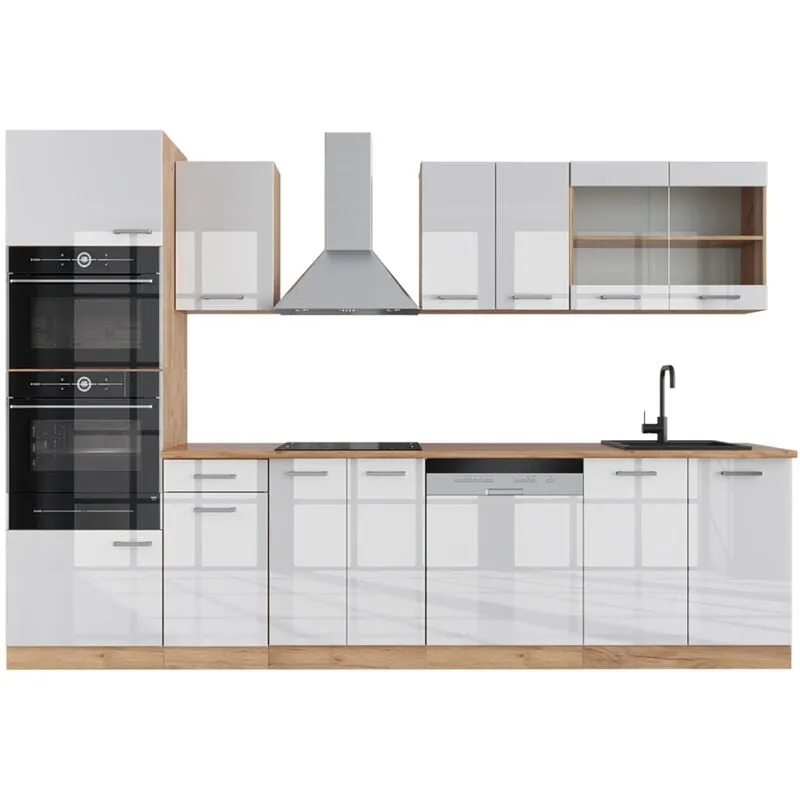  - Cucina componibile R-Line, Bianco lucido/oro power oak, 300 cm con armadio alto, pl Rovere