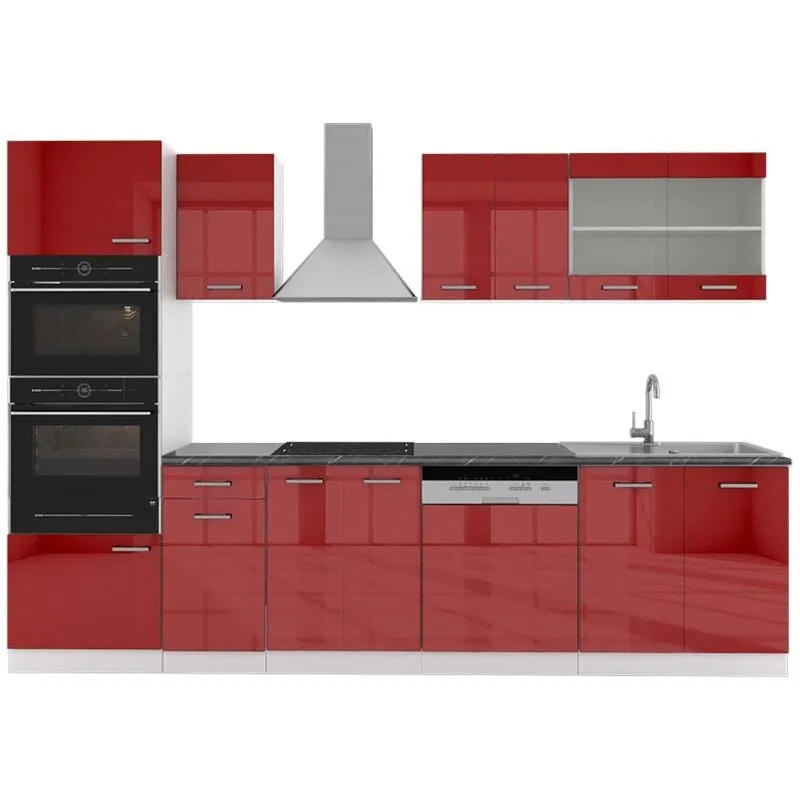  - Cucina componibile R-Line, Bordeaux lucido/bianco, 300 cm con armadio alto, pl Antracite